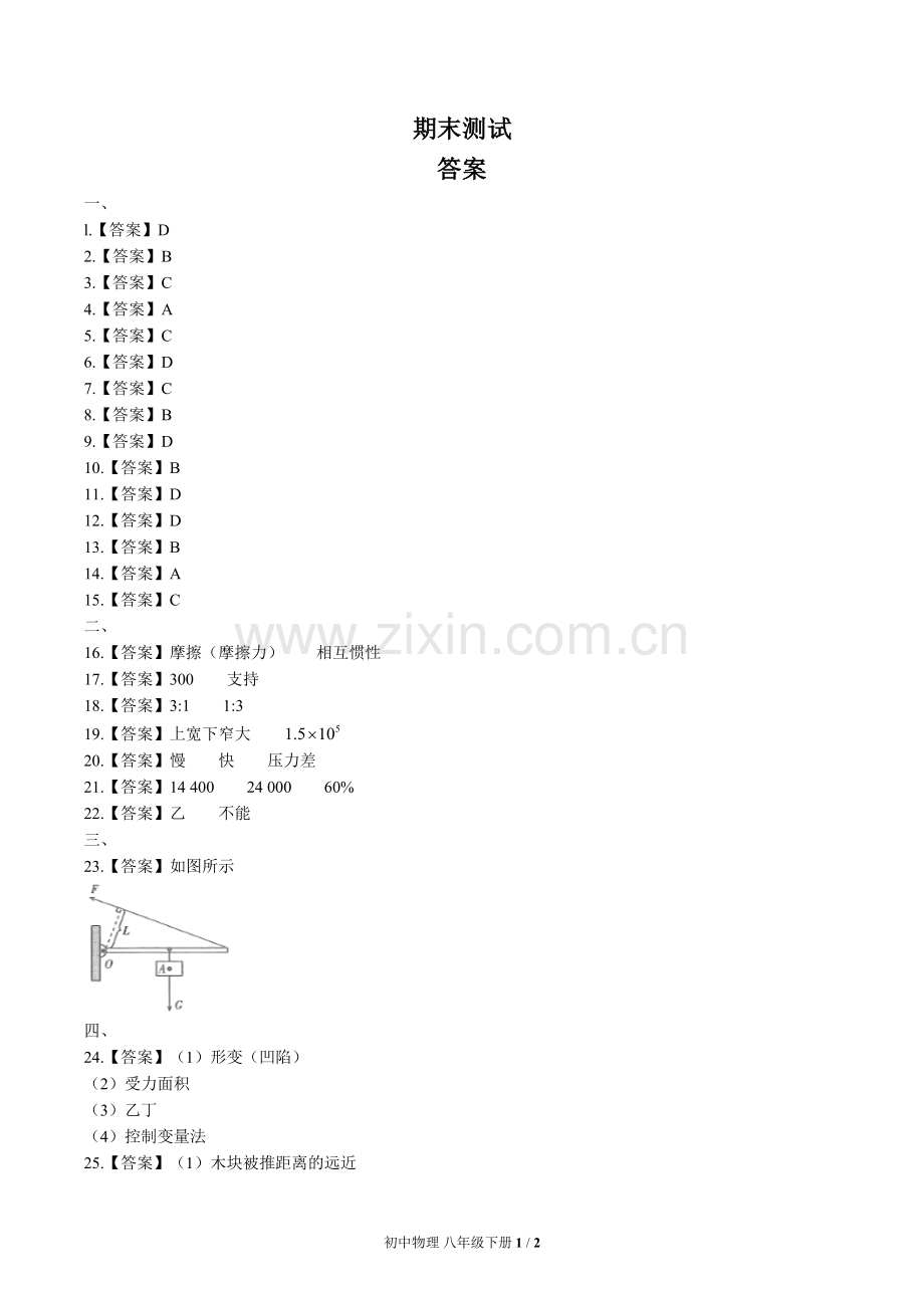 (人教版)初中物理八下-期末测试01-答案.docx_第1页