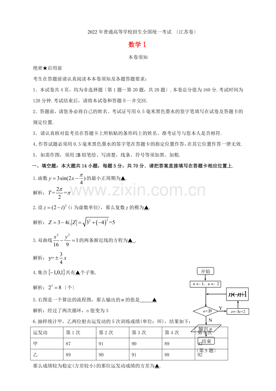 2022年普通高等学校招生全国统一考试数学理试题(江苏卷).docx_第1页