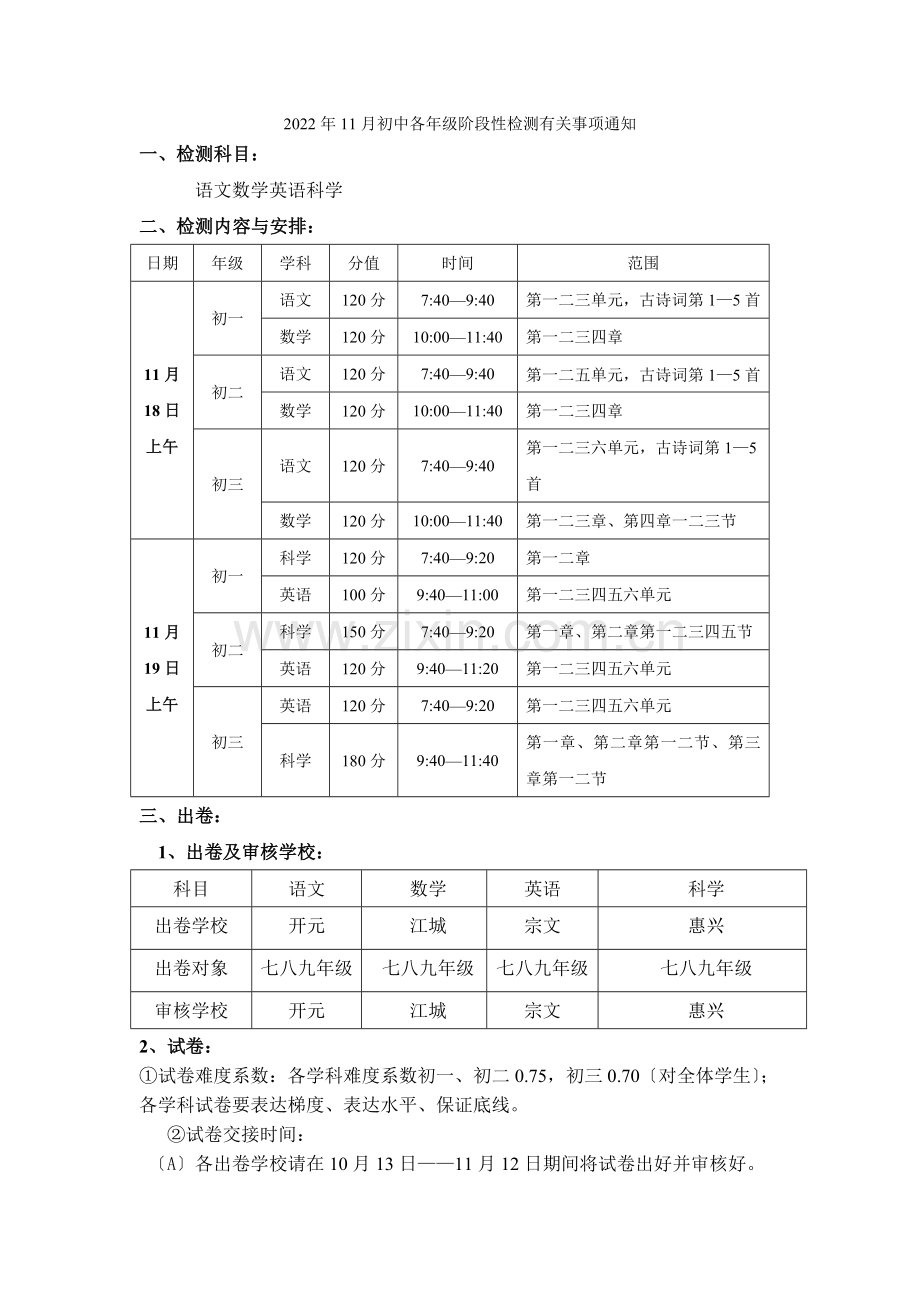 2022年11月初中各年级阶段性检测有关事项通知.docx_第1页