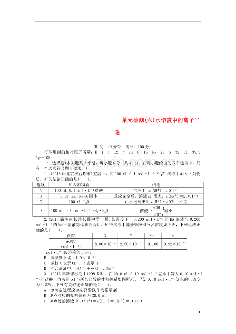 2023版高考化学一轮复习单元检测六水溶液中的离子平衡.doc_第1页