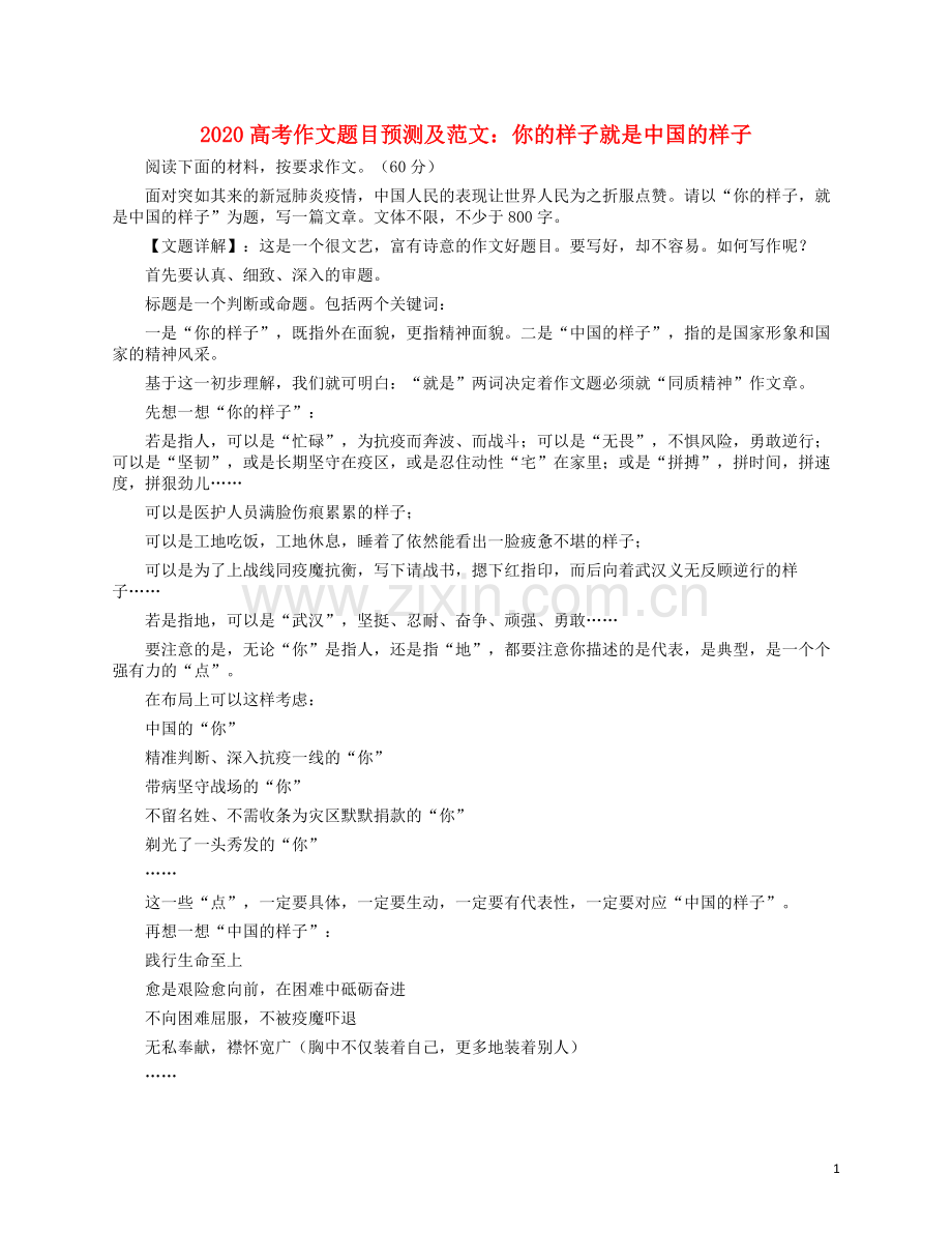 2022高考语文作文题目预测及范文一你的样子就是中国的样子素材.doc_第1页