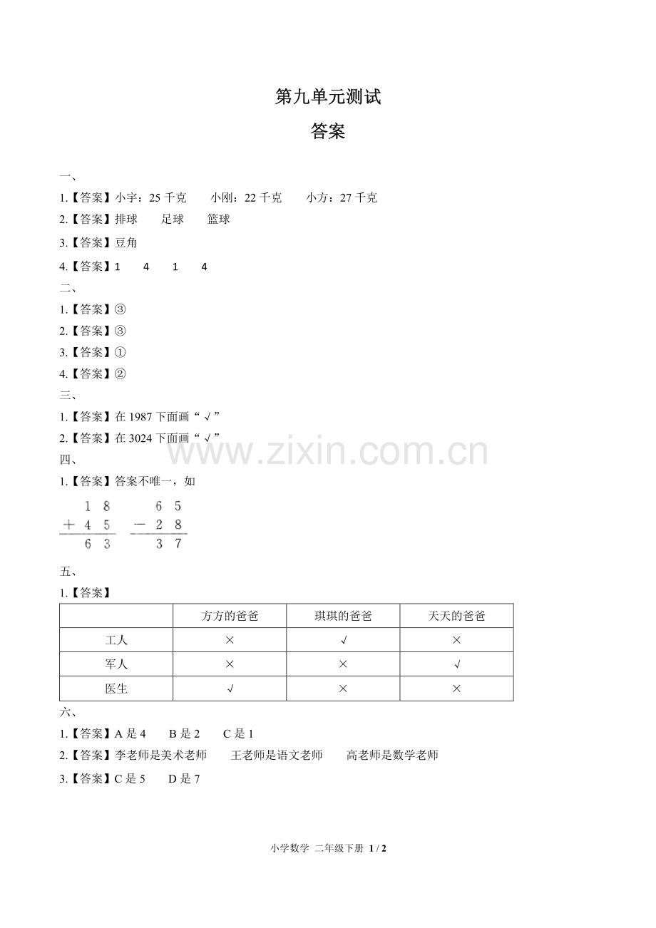 (人教版)小学数学二下-第九单元测试03-答案.pdf_第1页