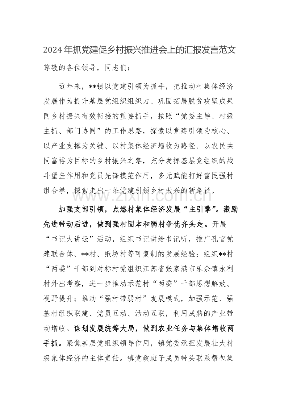 2024年抓党建促乡村振兴推进会上的汇报发言范文.docx_第1页