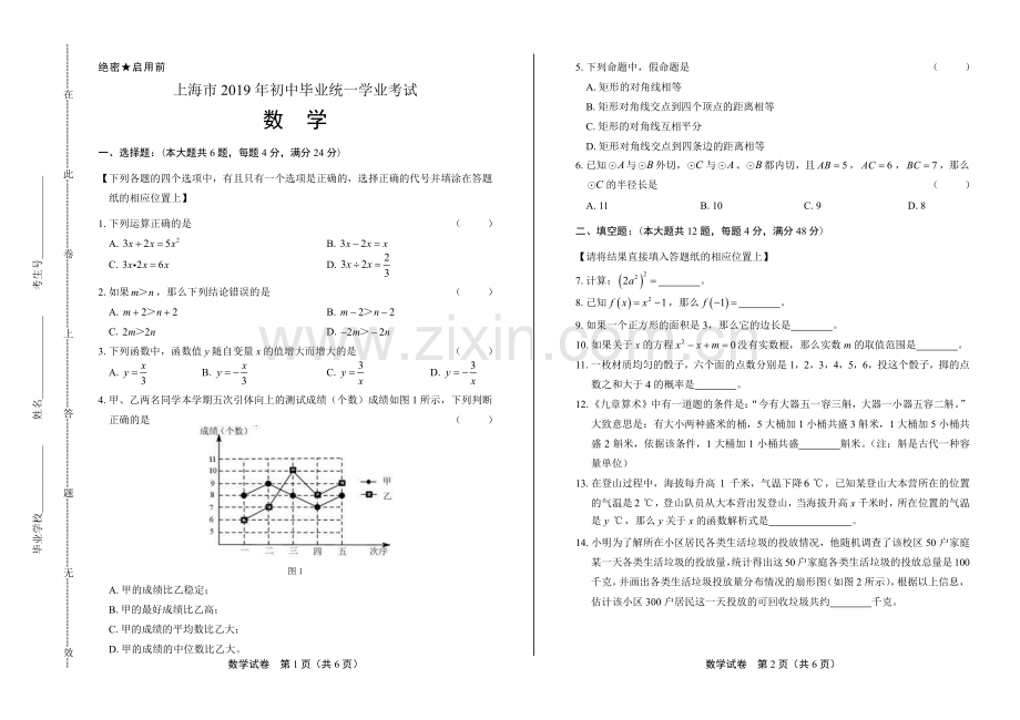 2019年上海市中考数学试卷.pdf_第1页