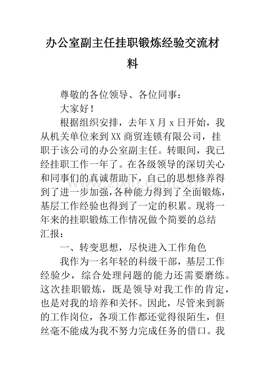 办公室副主任挂职锻炼经验交流材料.docx_第1页