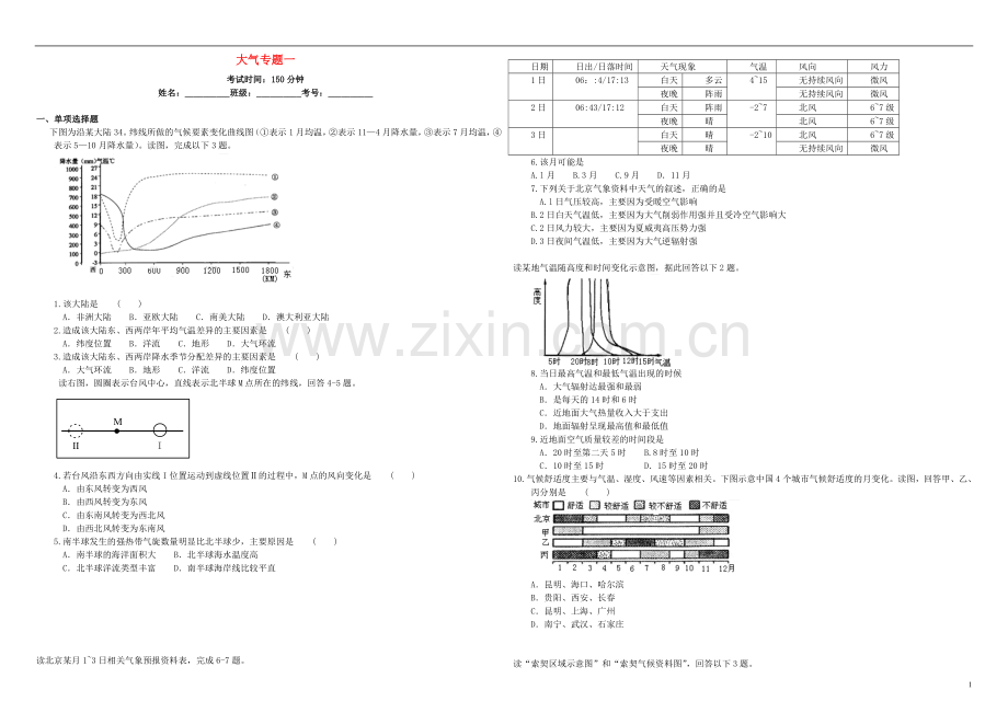 衡水万卷2021届高三地理二轮复习周测卷四大气专题一含解析.doc_第1页