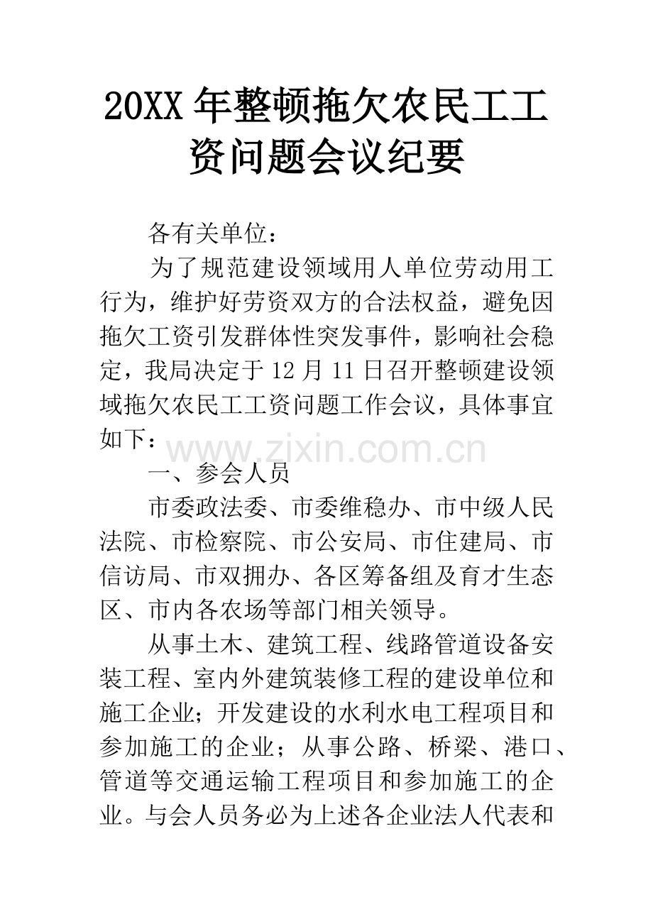 20XX年整顿拖欠农民工工资问题会议纪要.docx_第1页