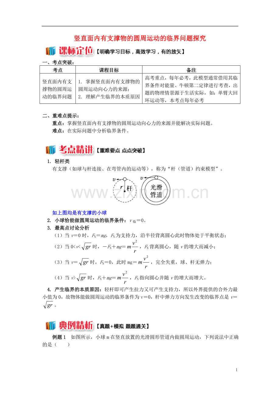 2018高考物理总复习专题圆周运动中的临界问题探究3竖直面内有支撑物的圆周运动的临界问题探究讲义.doc_第1页