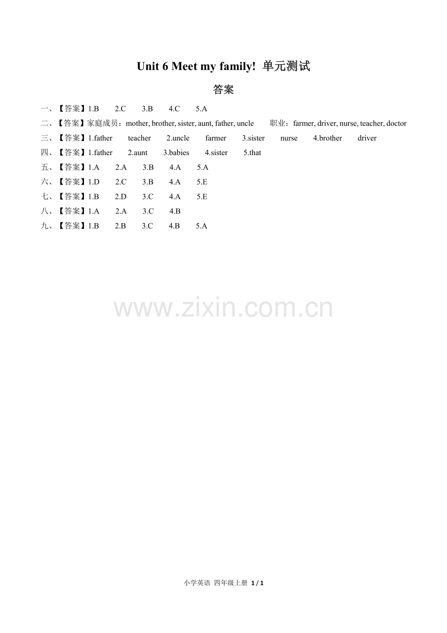 (人教PEP版)小学英语四上-Unit-6单元测试01-答案.pdf_第1页