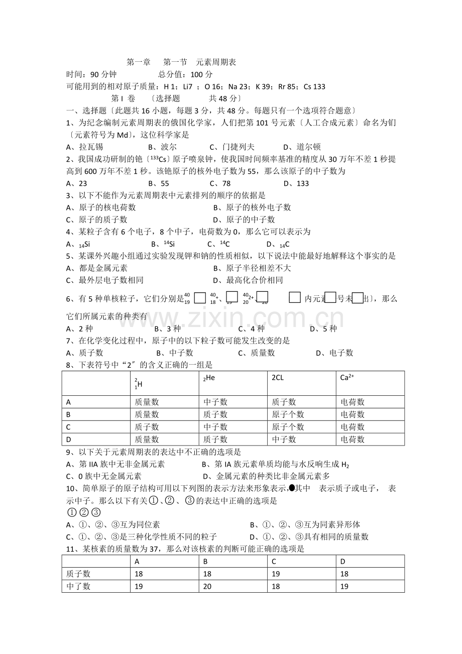 《元素周期表》同步练习13(人教版必修2).docx_第1页