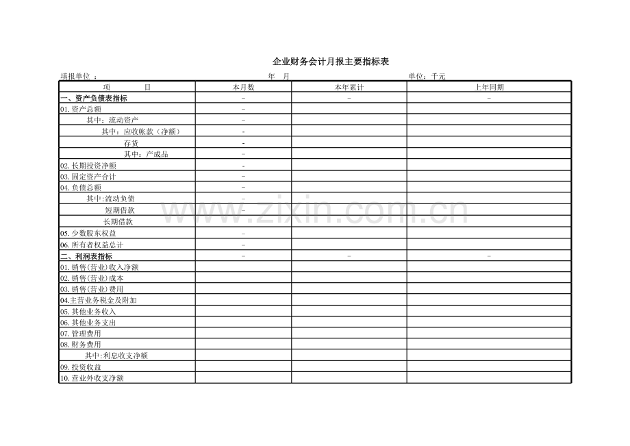 企业财务会计月报主要指标表.xls_第1页