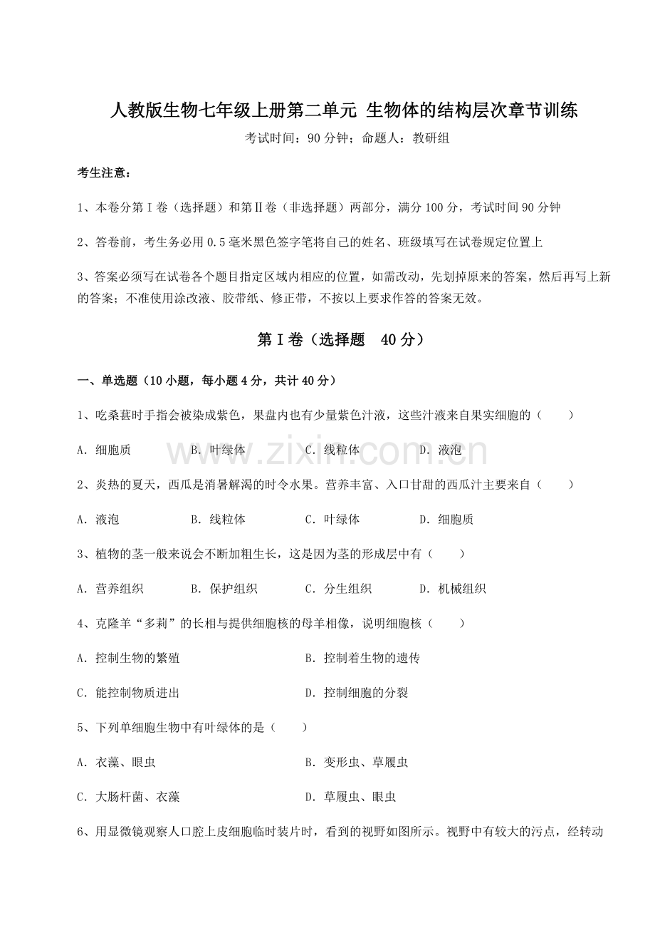 强化训练人教版生物七年级上册第二单元-生物体的结构层次章节训练试卷(含答案详解).docx_第1页