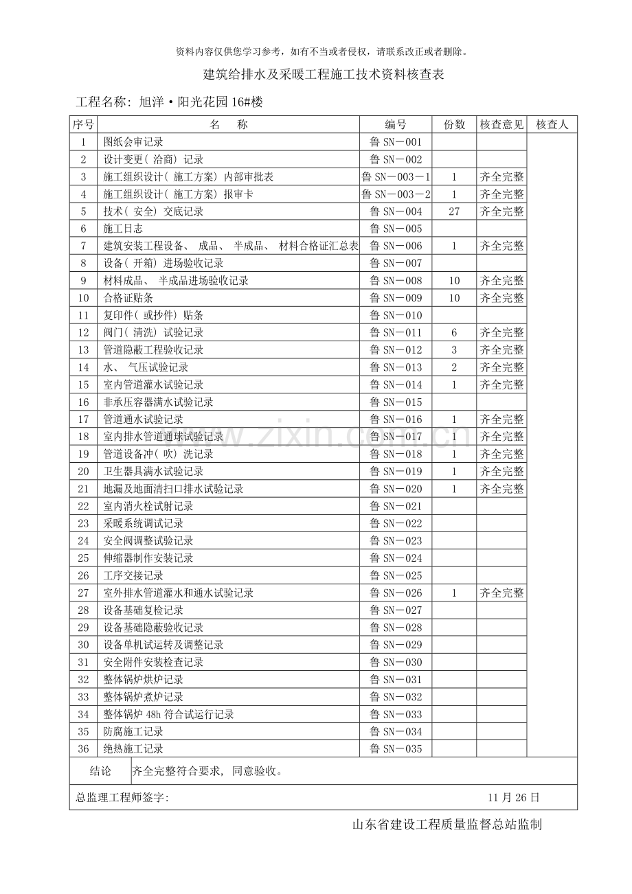 给排水技术资料核查表样本.doc_第1页