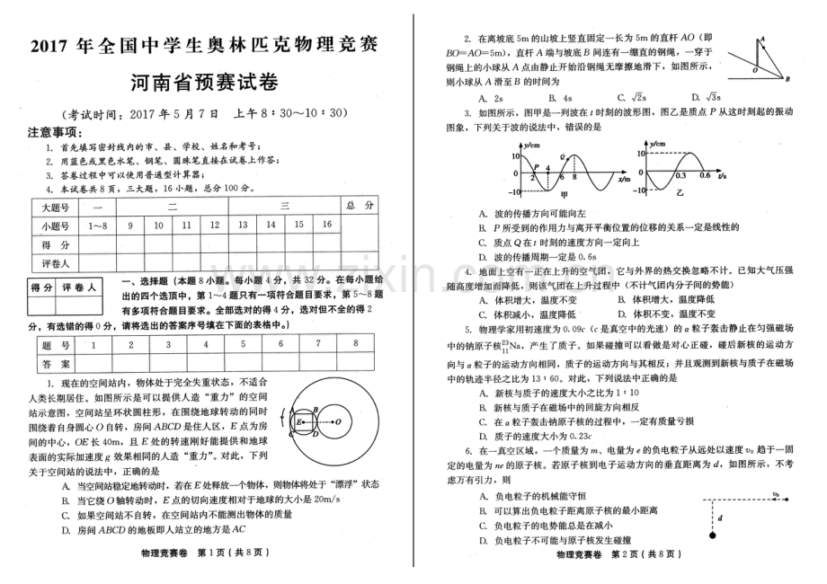 2023年中学生奥林匹克物理竞赛河南省预赛试卷及答案.doc_第1页