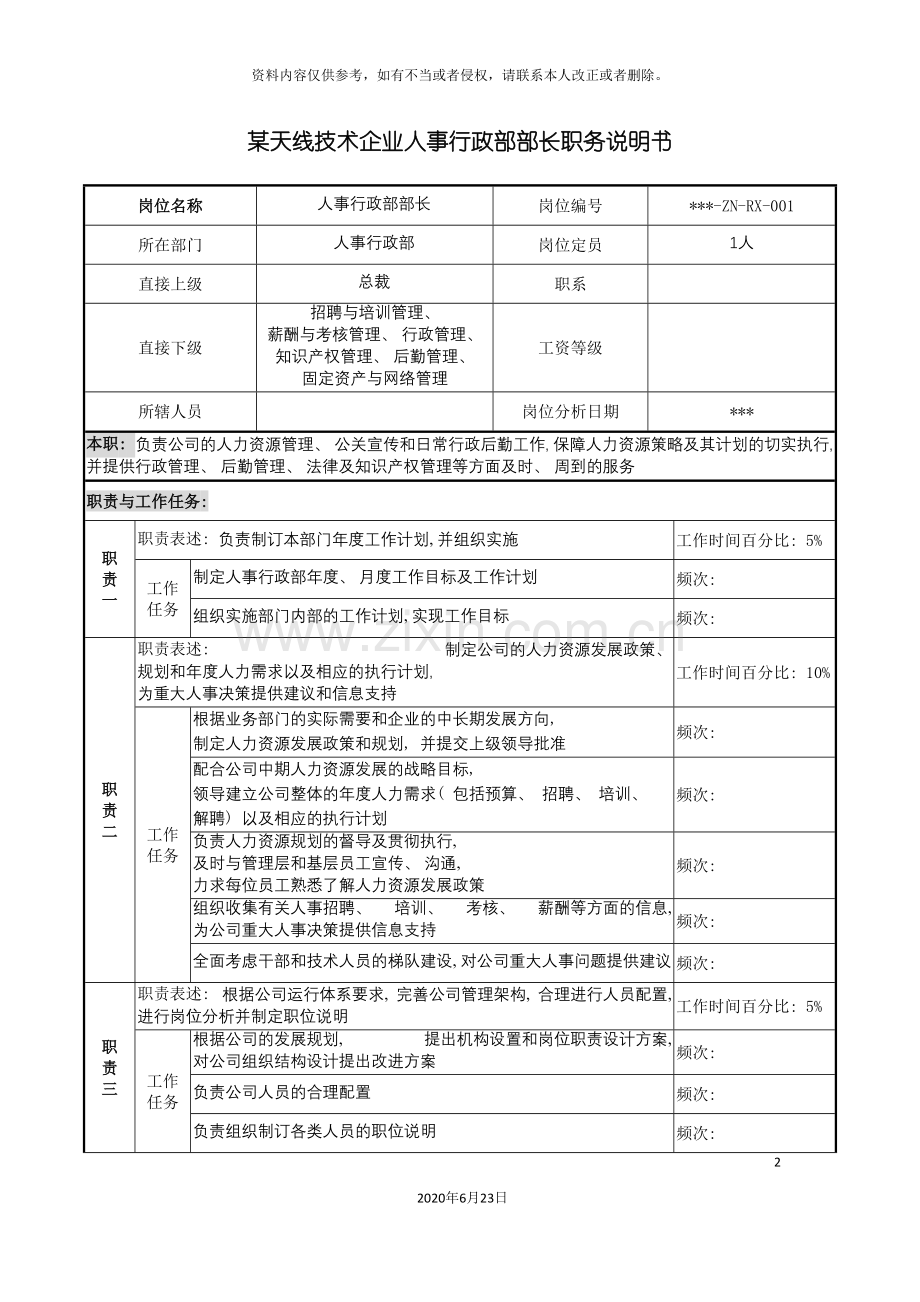 企业人事行政部部长职务说明书.doc_第2页