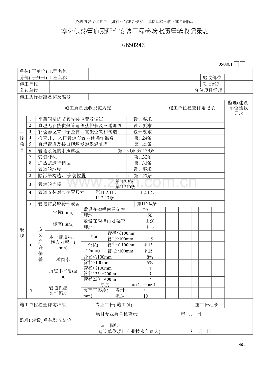 室外供热管道及配件安装工程检验批质量验收记录表模板.doc_第2页