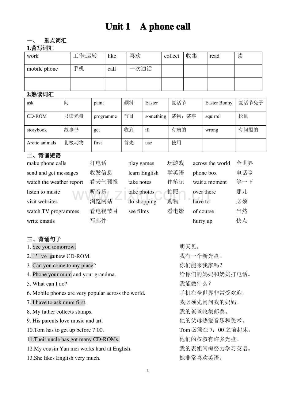 (2020年春)剑桥版五年级英语下册单元知识梳理Unit 1.pdf_第1页