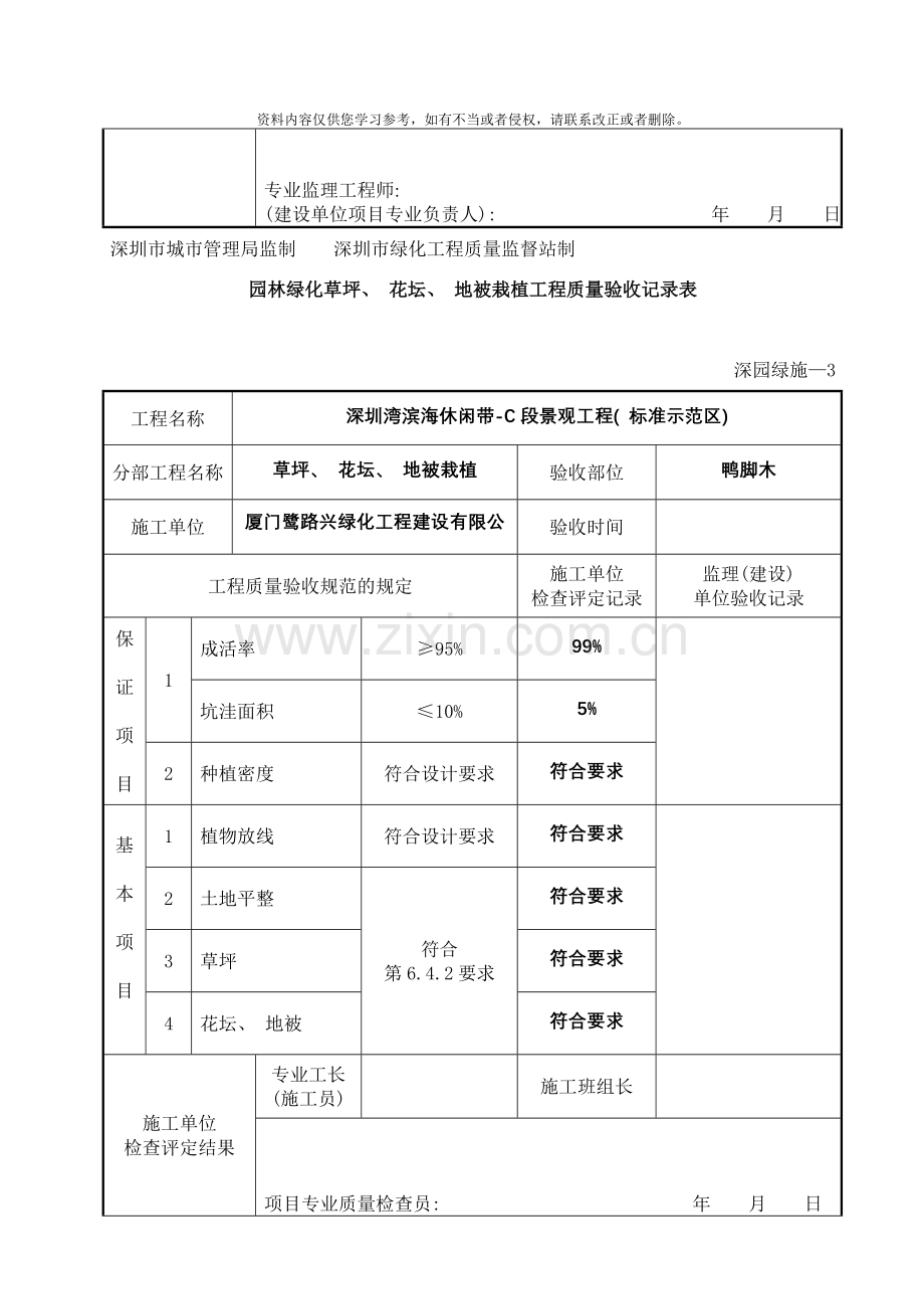 园林绿化草坪花坛地被栽植工程质量验收记录表深园绿施样本.doc_第3页