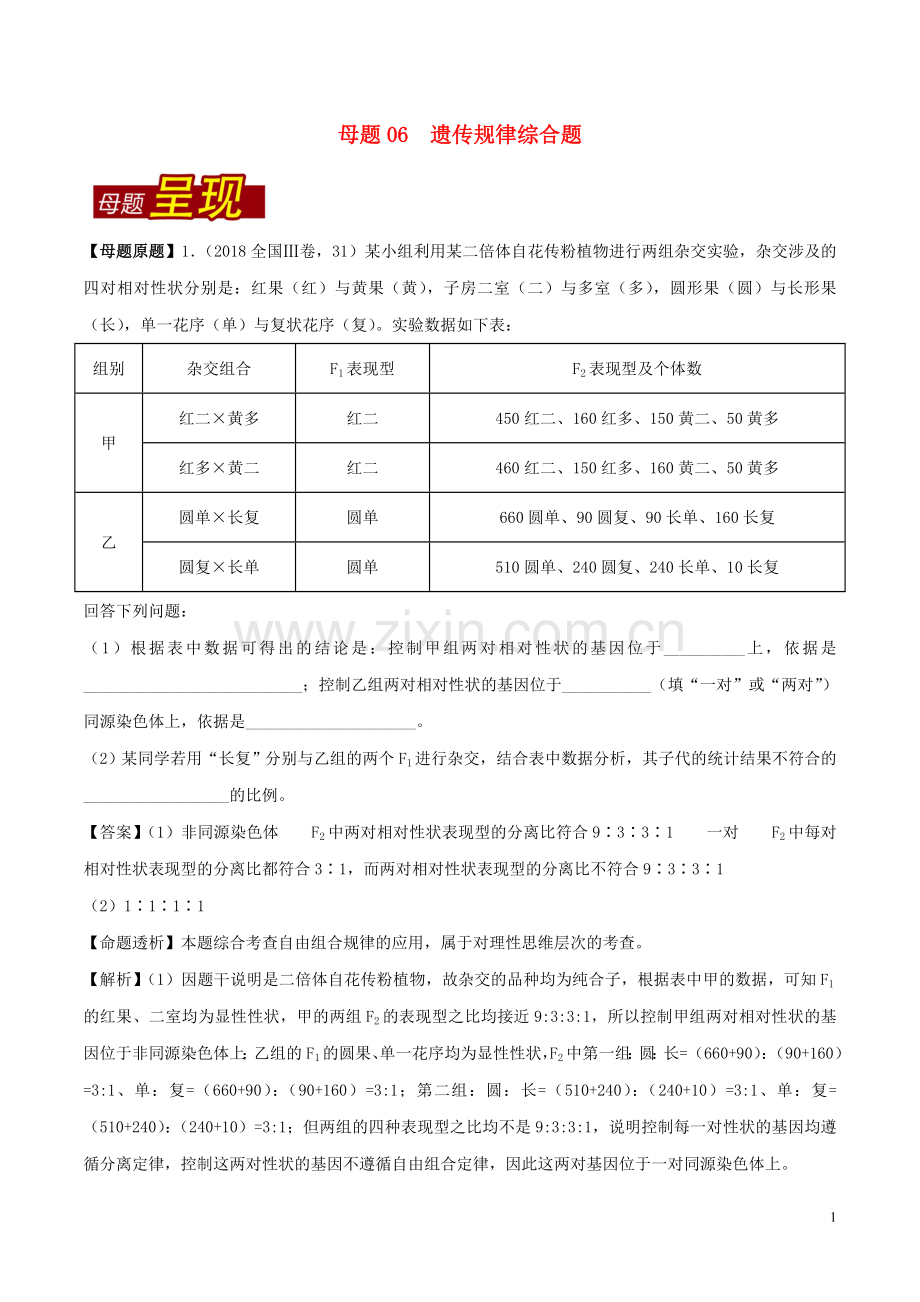 2018年高考生物母题题源系列专题06遗传规律综合题.doc_第1页