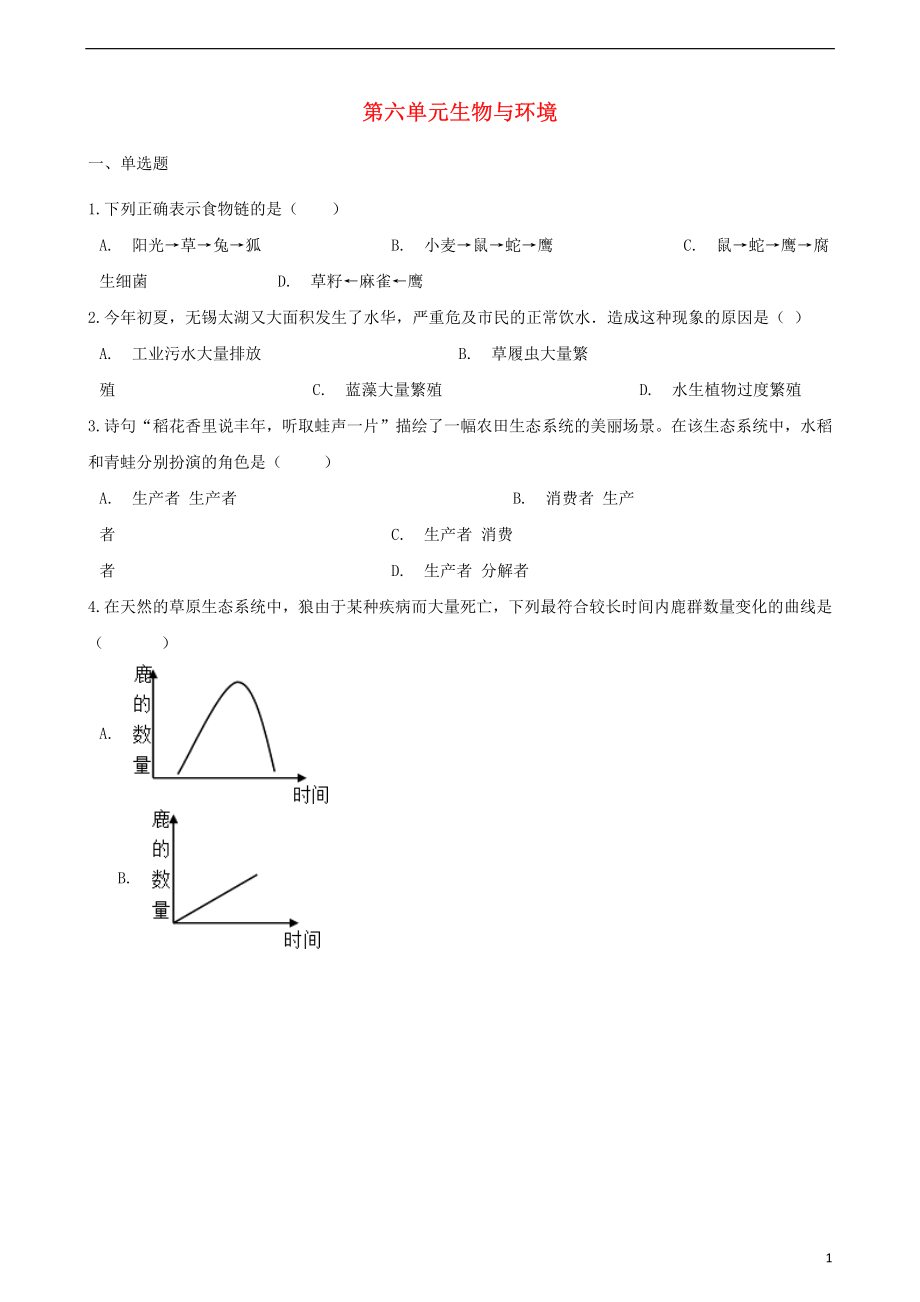 2017-2018学年八年级生物下册第六单元生物与环境单元综合测试含解析新版济南版.pdf_第1页