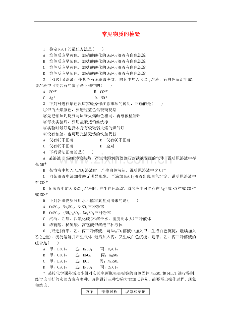 2022高中化学课时达标训练6专题1第二单元第二课时常见物质的检验含解析苏教版必修1.doc_第1页