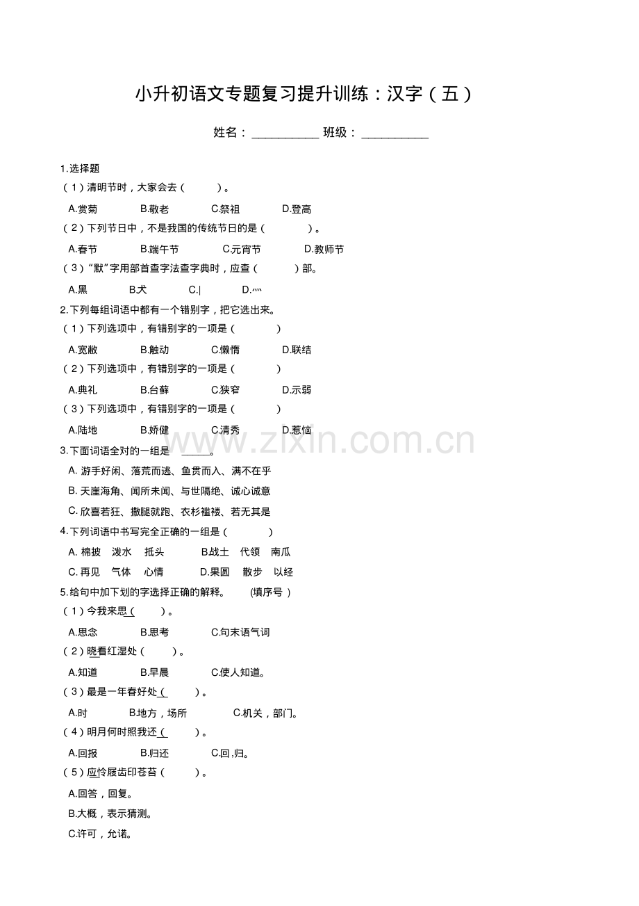 小升初语文专题复习提升训练：汉字(五).pdf_第1页