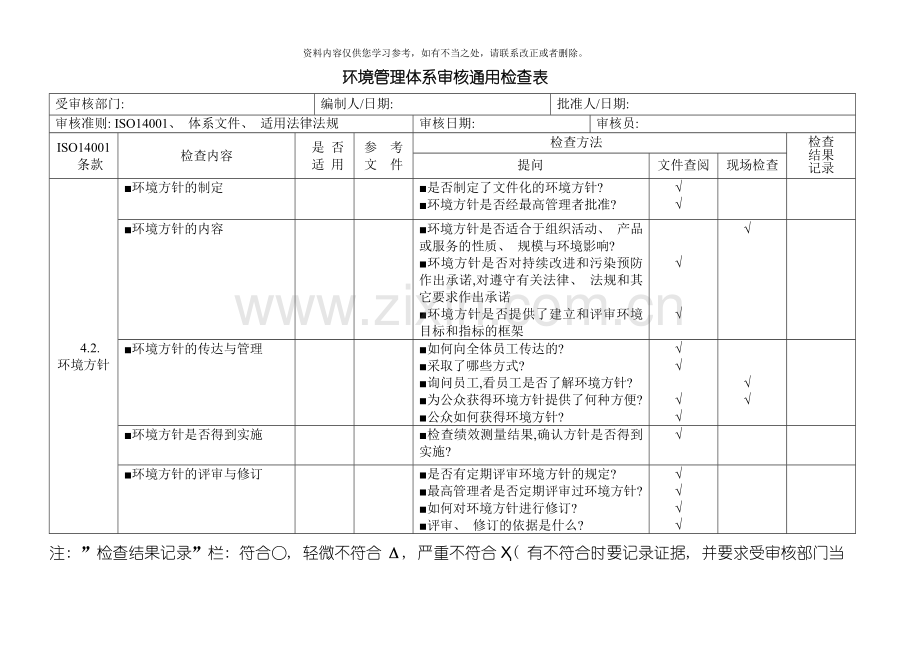 环境管理体系审核通用检查表样本.doc_第1页