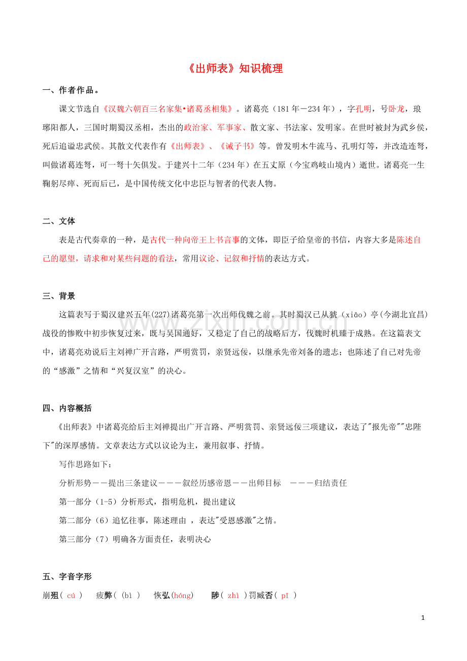 2019_2020学年九年级语文文言文专题10出师表知识梳理新人教版.docx_第1页