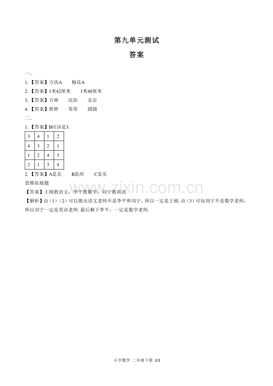 (人教版)小学数学二下-第九单元测试02-答案.pdf_第1页