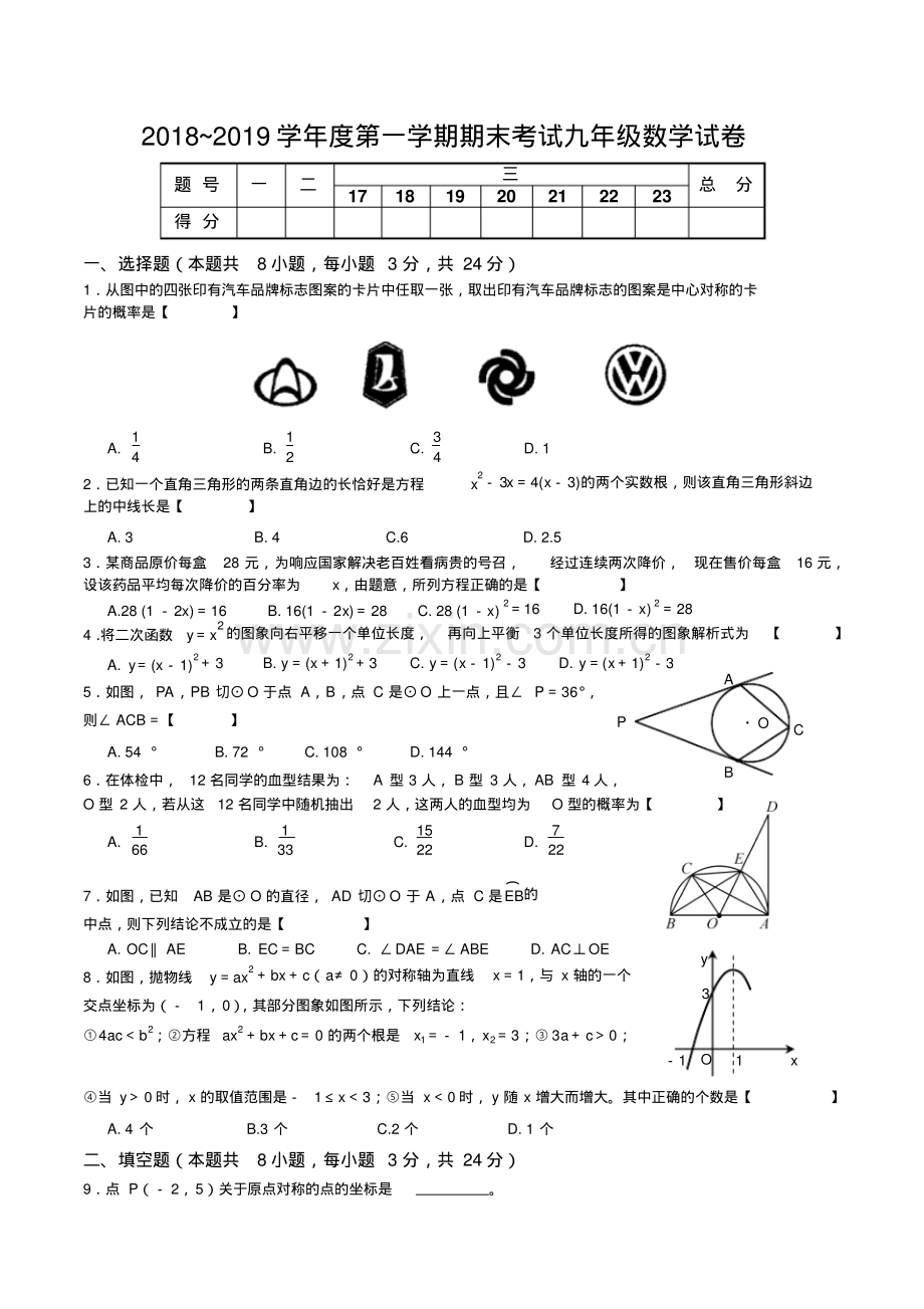 人教版2018-2019学年度第一学期期末考试九年级数学试卷及答案.pdf_第1页