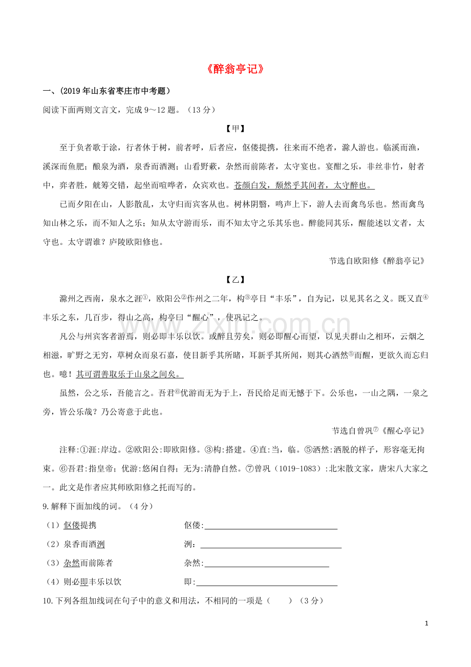 2019_2020学年九年级语文文言文专题02醉翁亭记真题训练新人教版.docx_第1页