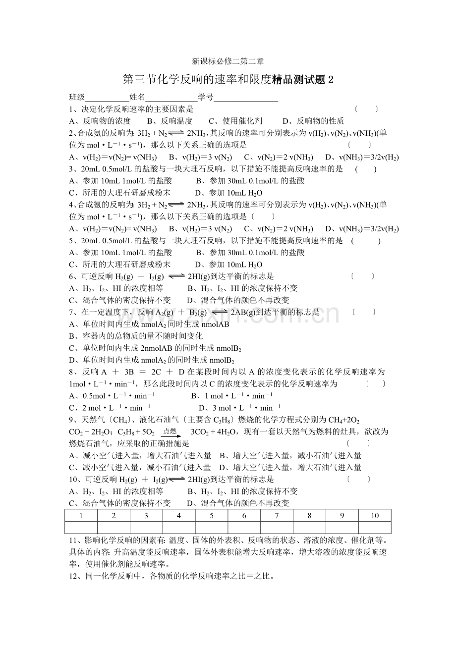 《化学反应的速率和限度》同步练习2(人教版必修2).docx_第1页