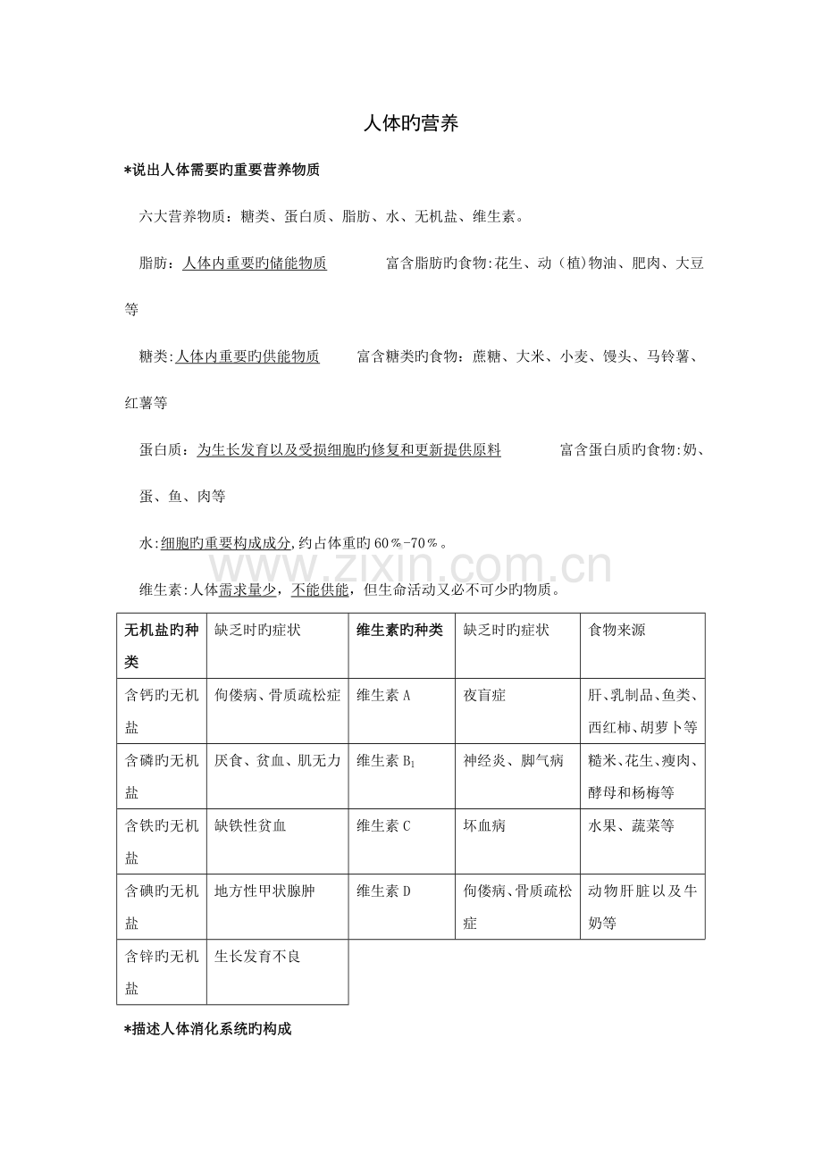 2023年中考生物人体的营养知识点汇总及复习题.doc_第1页