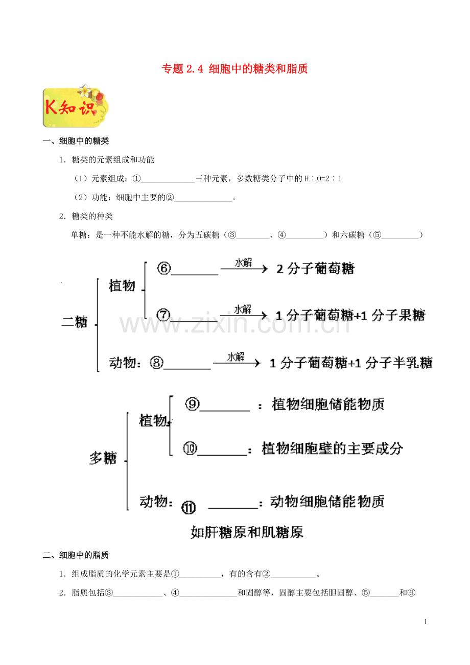 2018_2019学年高中生物专题2.4细胞中的糖类和脂质试题新人教版必修1.doc_第1页