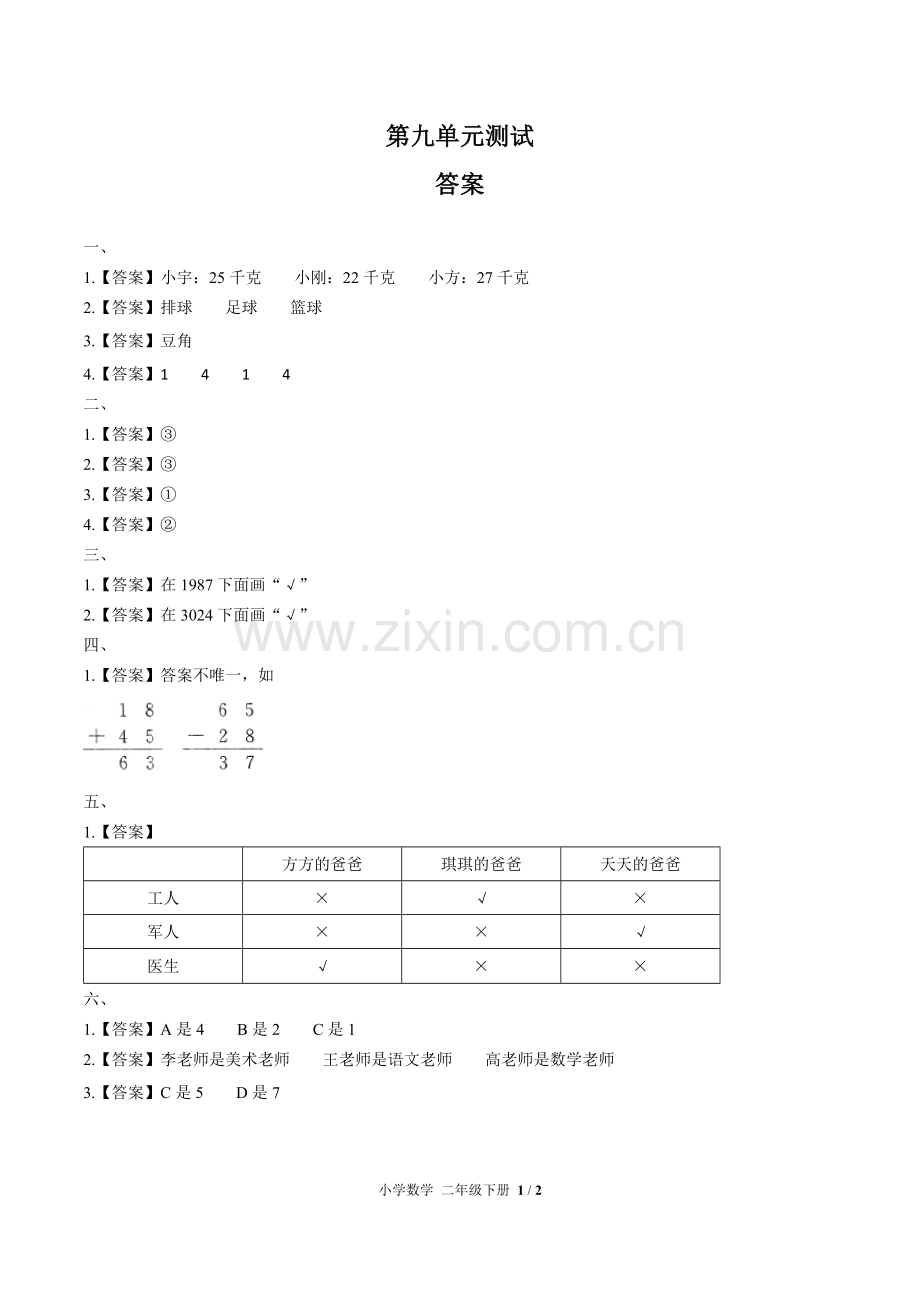 (人教版)小学数学二下-第九单元测试03-答案.docx_第1页