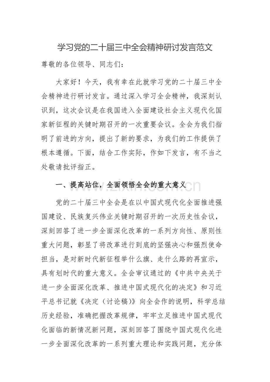 学习党的二十届三中全会精神研讨发言范文两篇.docx_第1页