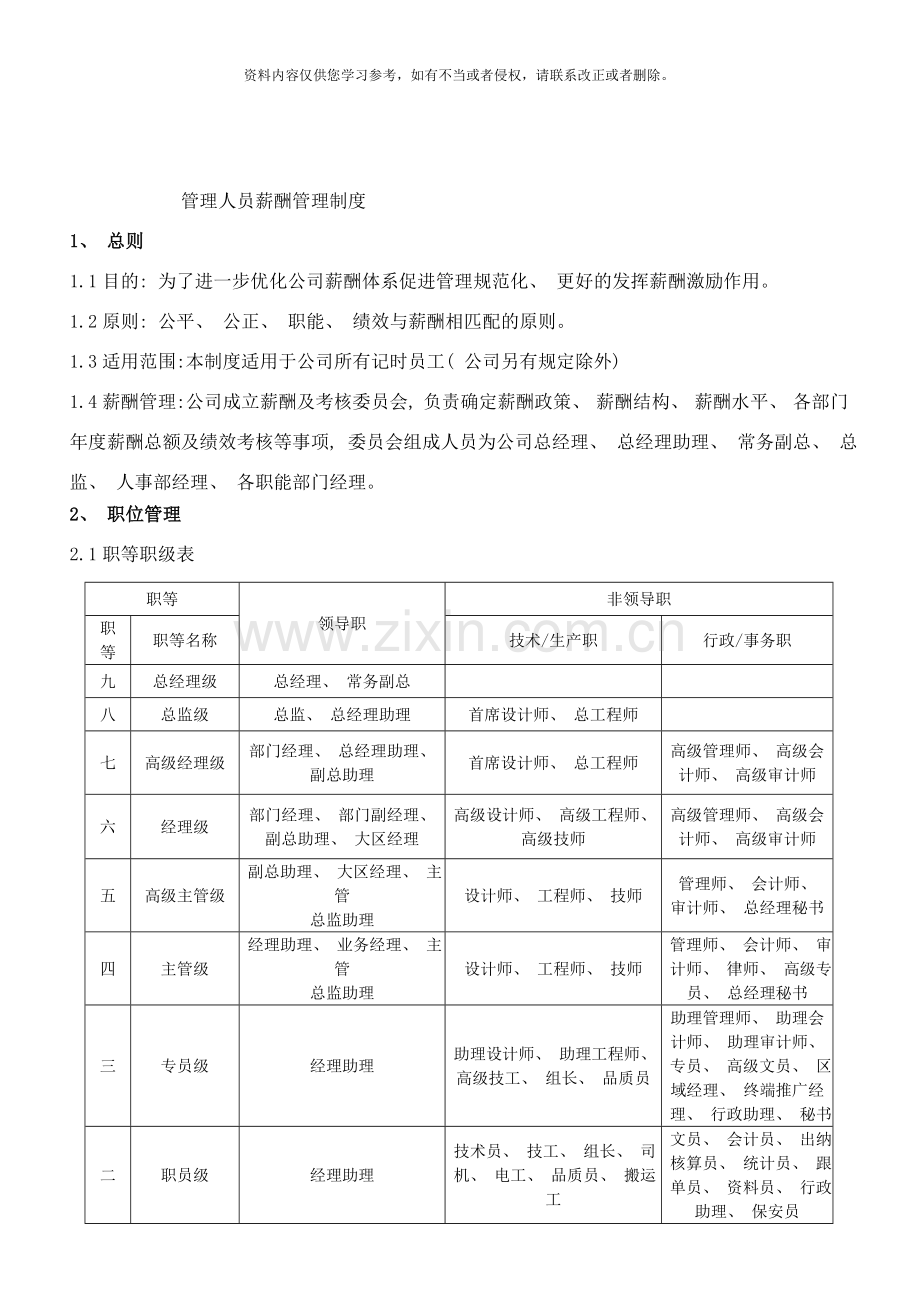 管理人员薪酬制度样本.doc_第1页