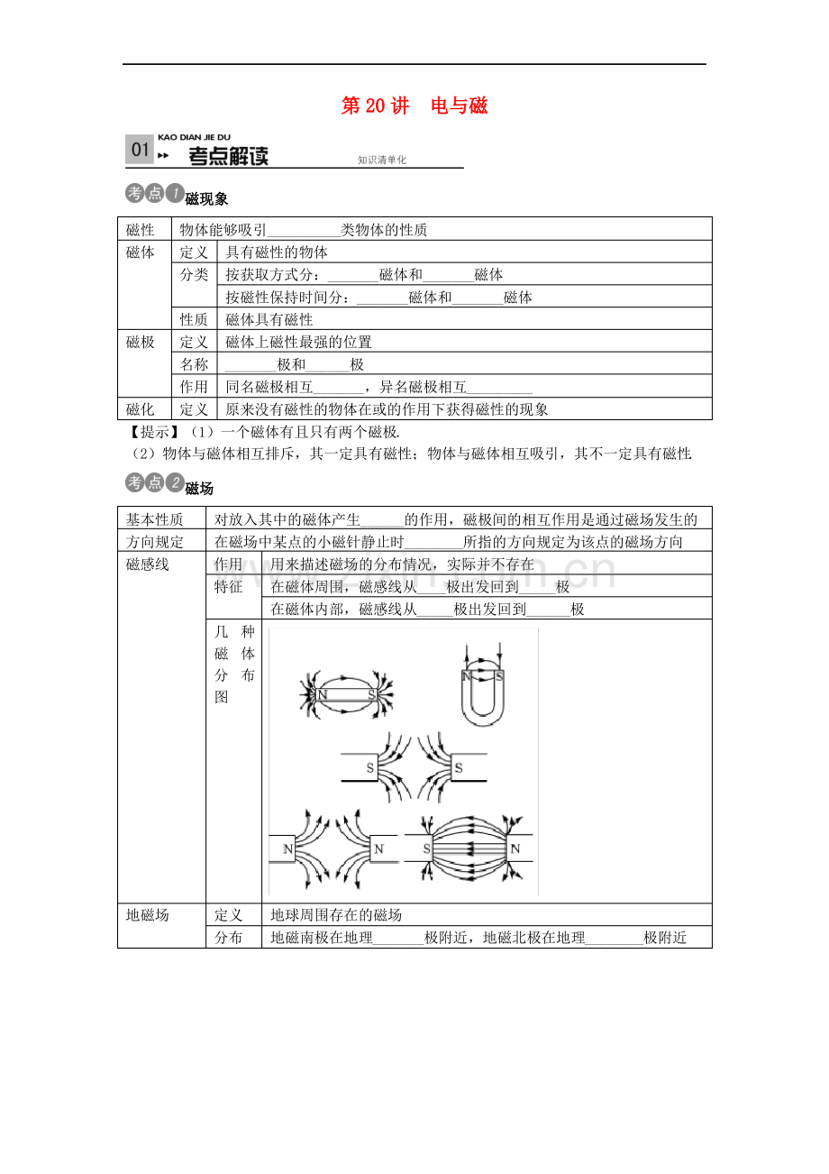 (安徽专版)中考物理考点复习电与磁(含答案).pdf_第1页