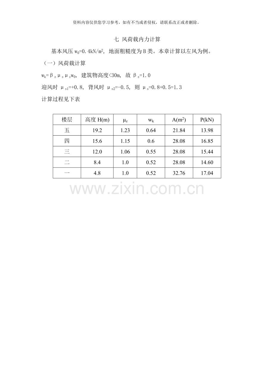 土木工程毕业设计风荷载内力计算样本.doc_第1页