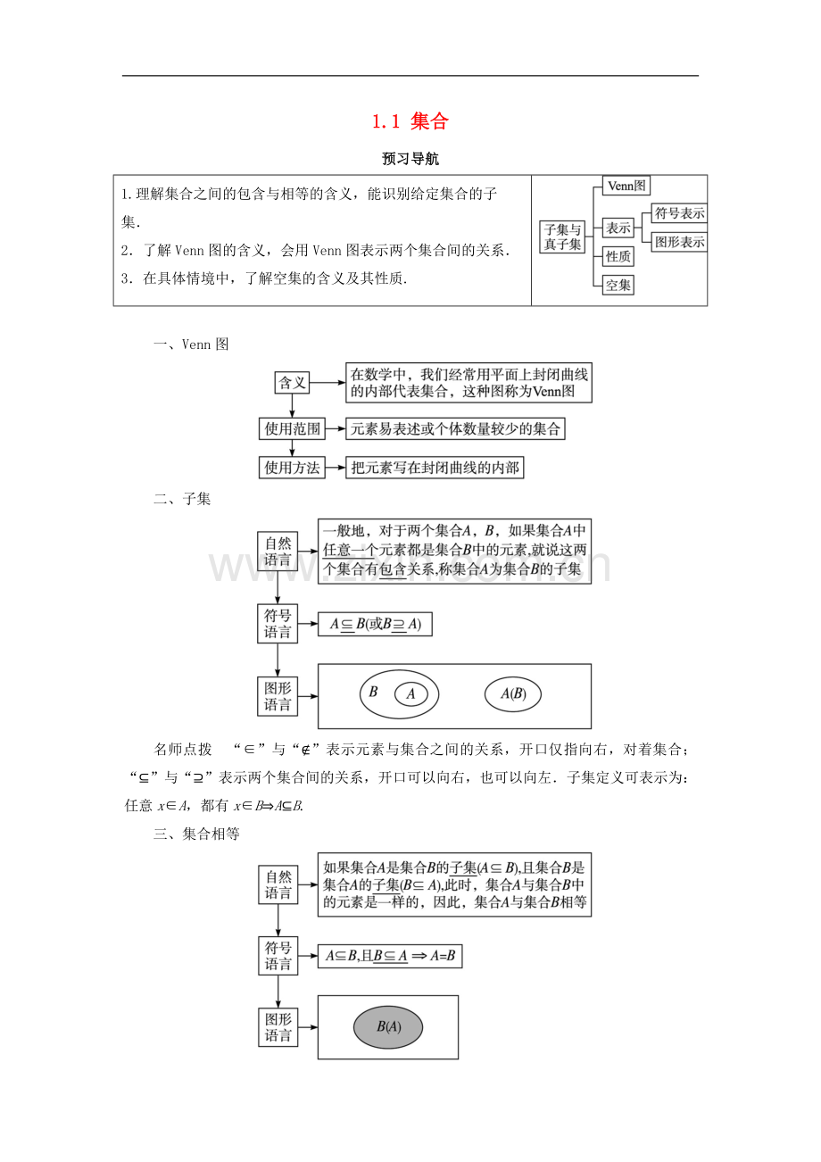 2022-2022学年高中数学人教A版必修1学案：1.1集合第2课时预习导航学案-.doc_第1页