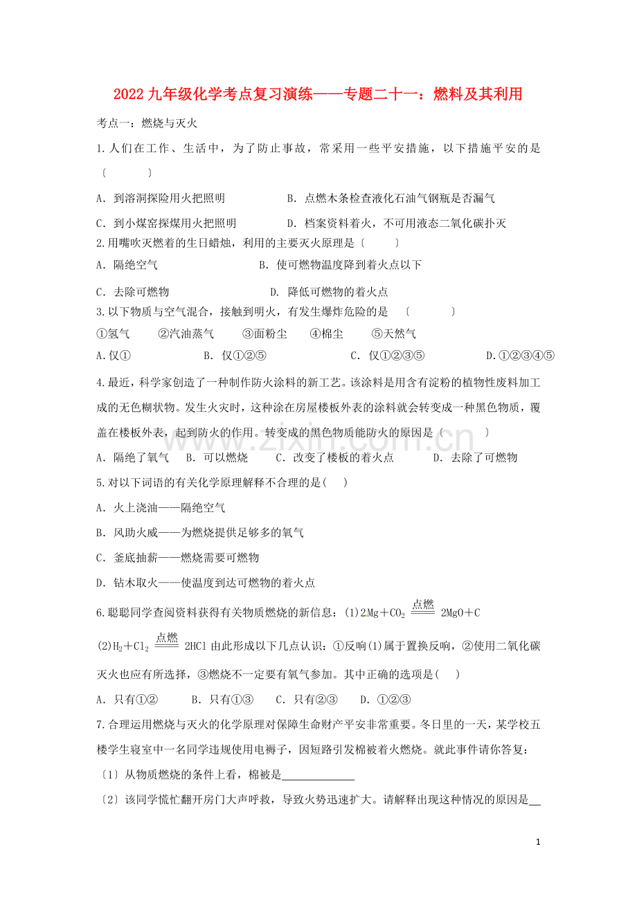 2022九年级化学考点复习演练专题二十一燃料及其利用试题.doc_第1页