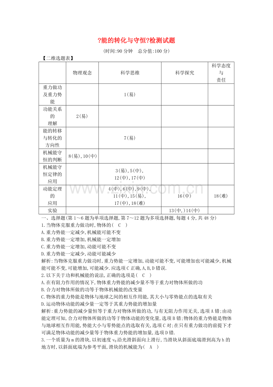 2022版高中物理第二章能的转化与守恒检测试题鲁科版必修.doc_第1页