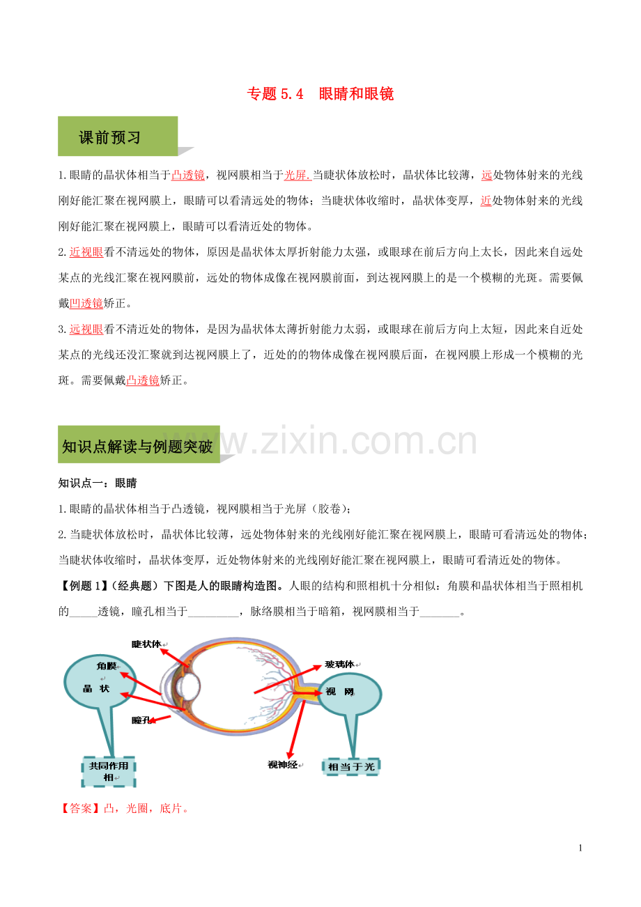 2019_2020学年八年级物理上册第五章透镜及其应用5.4眼睛和眼镜精讲精练含解析新版新人教版.docx_第1页