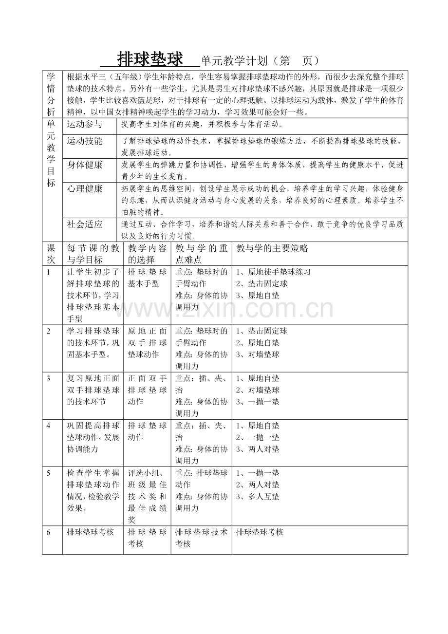 初中体育与健康人教课标版八年级全一册-排球垫球单元教学计划-公开课.doc_第1页