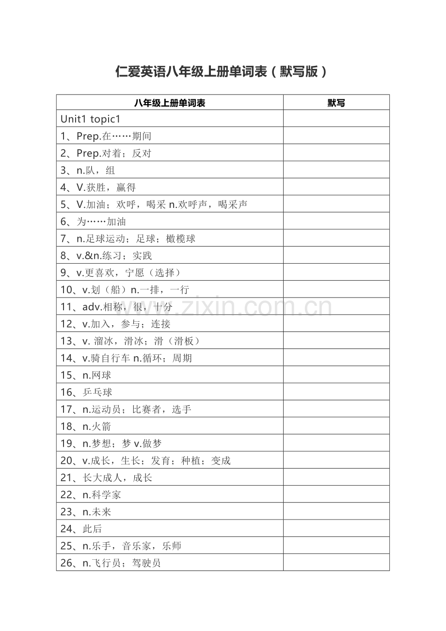 仁爱版英语八年级上册单词表默写版.docx_第1页