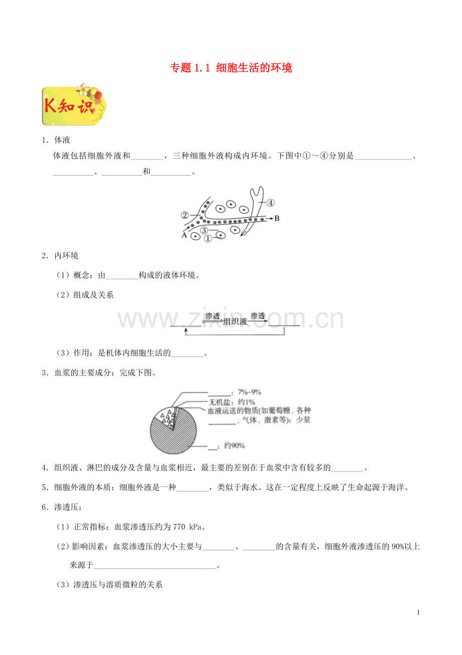 2018_2019学年高中生物专题1.1细胞生活的环境试题新人教版必修3.doc_第1页