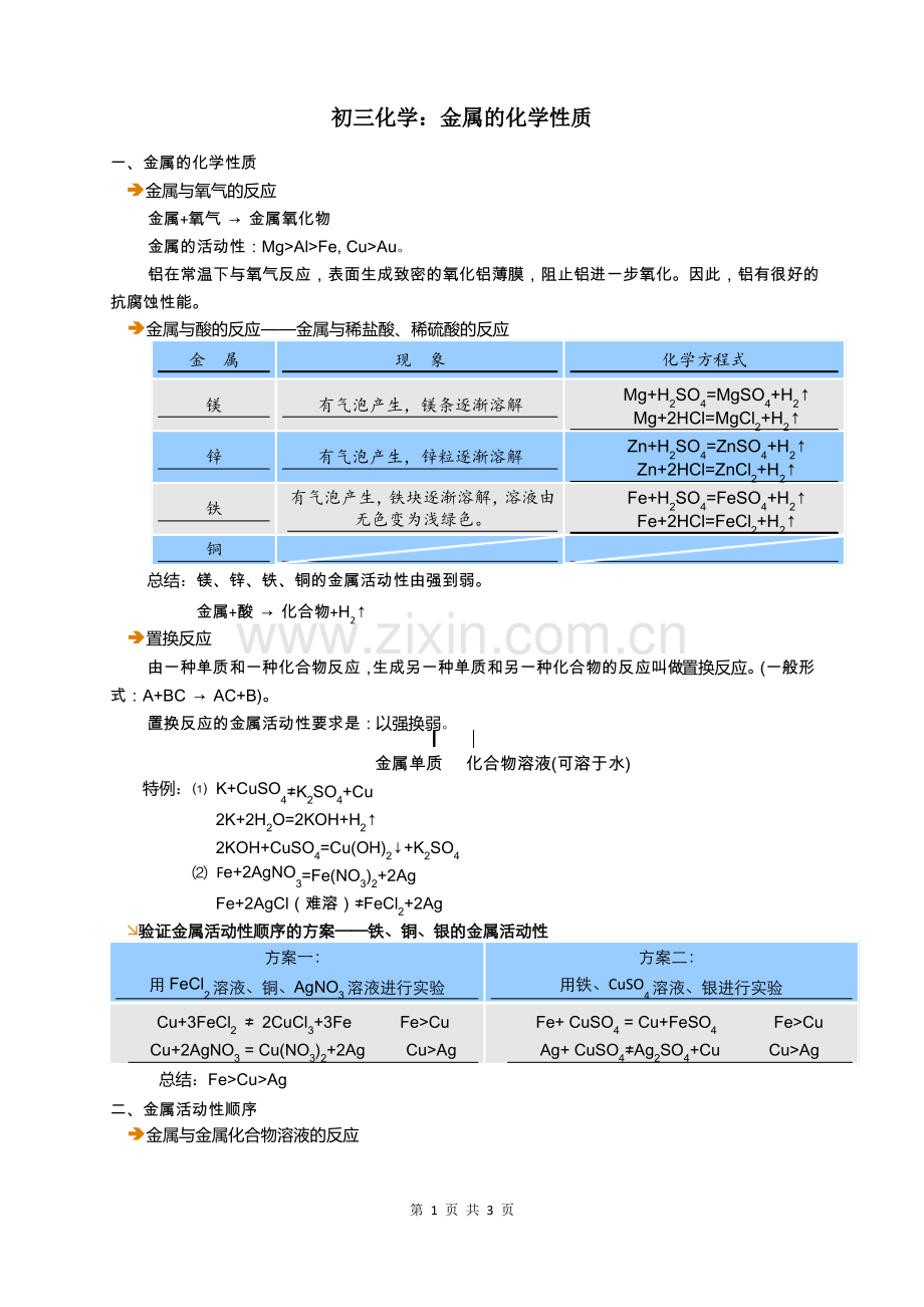 初三化学：金属的化学性质.pdf_第1页