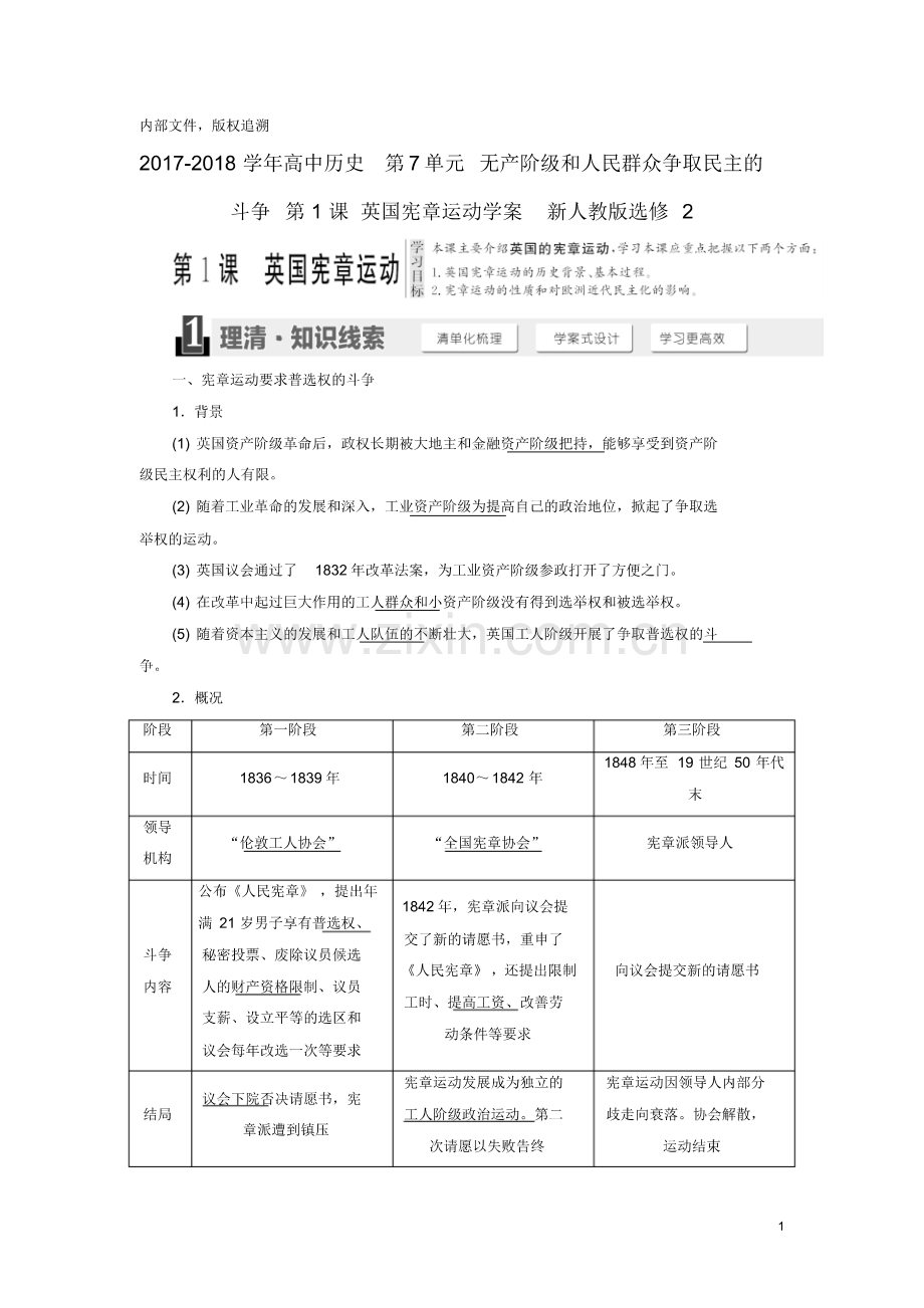 18学年高中历史第7单元无产阶级和人民群众争取民主的斗争第1课英国宪章运动学案2(pdf版).pdf_第1页