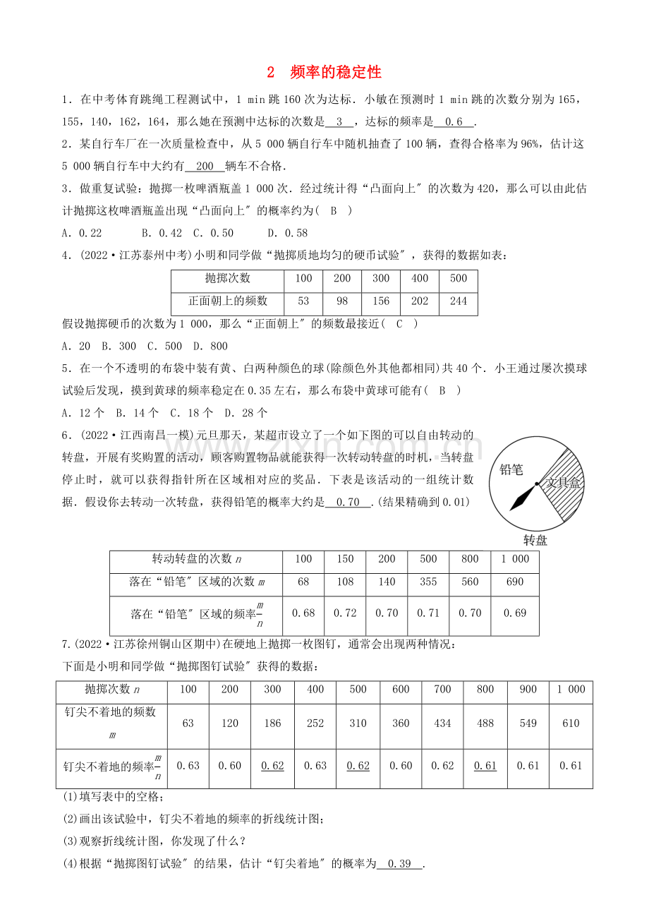 2022年春七年级数学下册第六章概率初步2频率的稳定性同步分层练习新版北师大版.doc_第1页