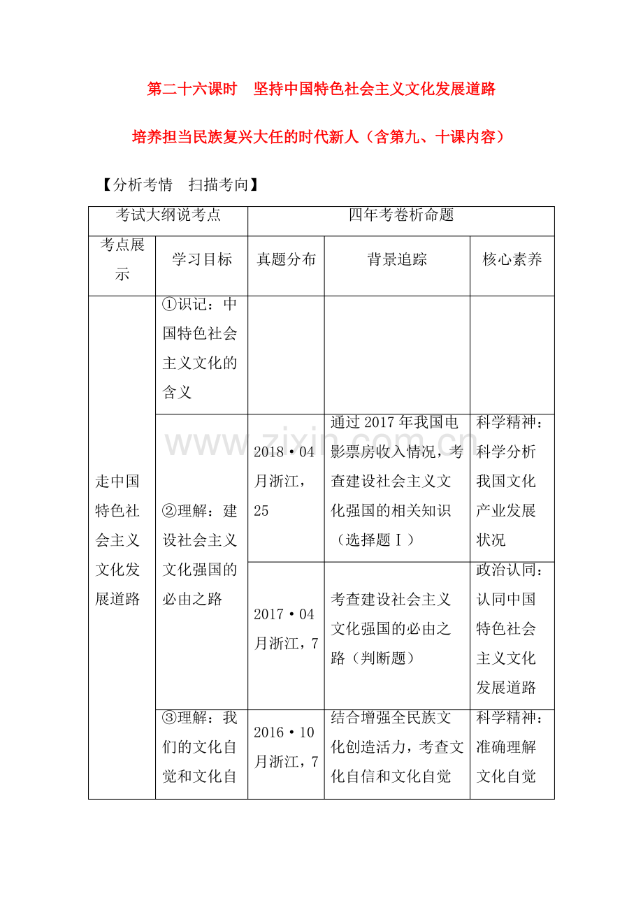 (浙江选考)2020版高考政治一轮复习讲义：第二十六课时坚持中国特色社会主义文化发展道路讲义.pdf_第1页